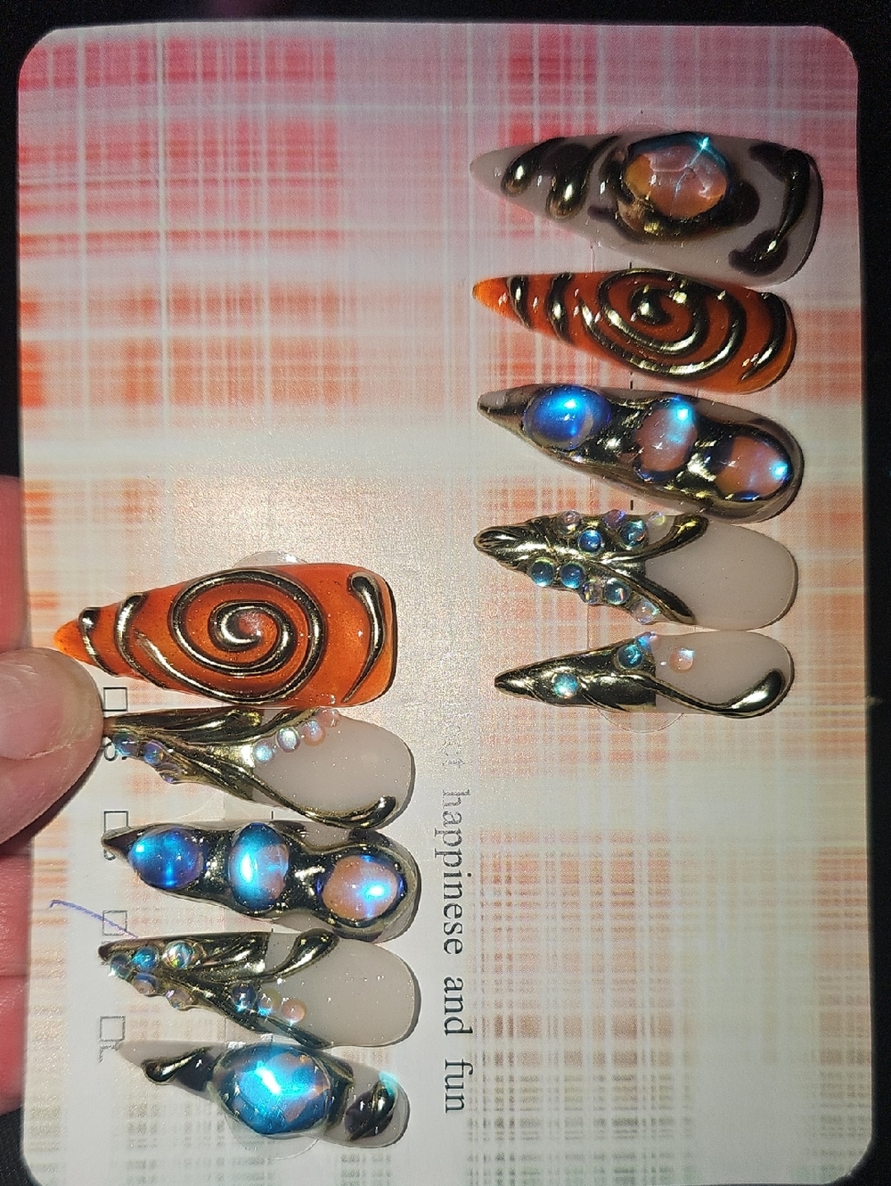 Embellished Orange & Nude False Nail Set with Gold Accents New Size Medium